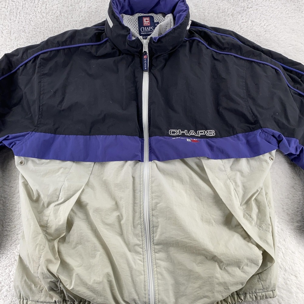 Chaps Ralph Lauren Jacket BOXY XL Hooded Windbreaker Colorblock Black Purple Gra